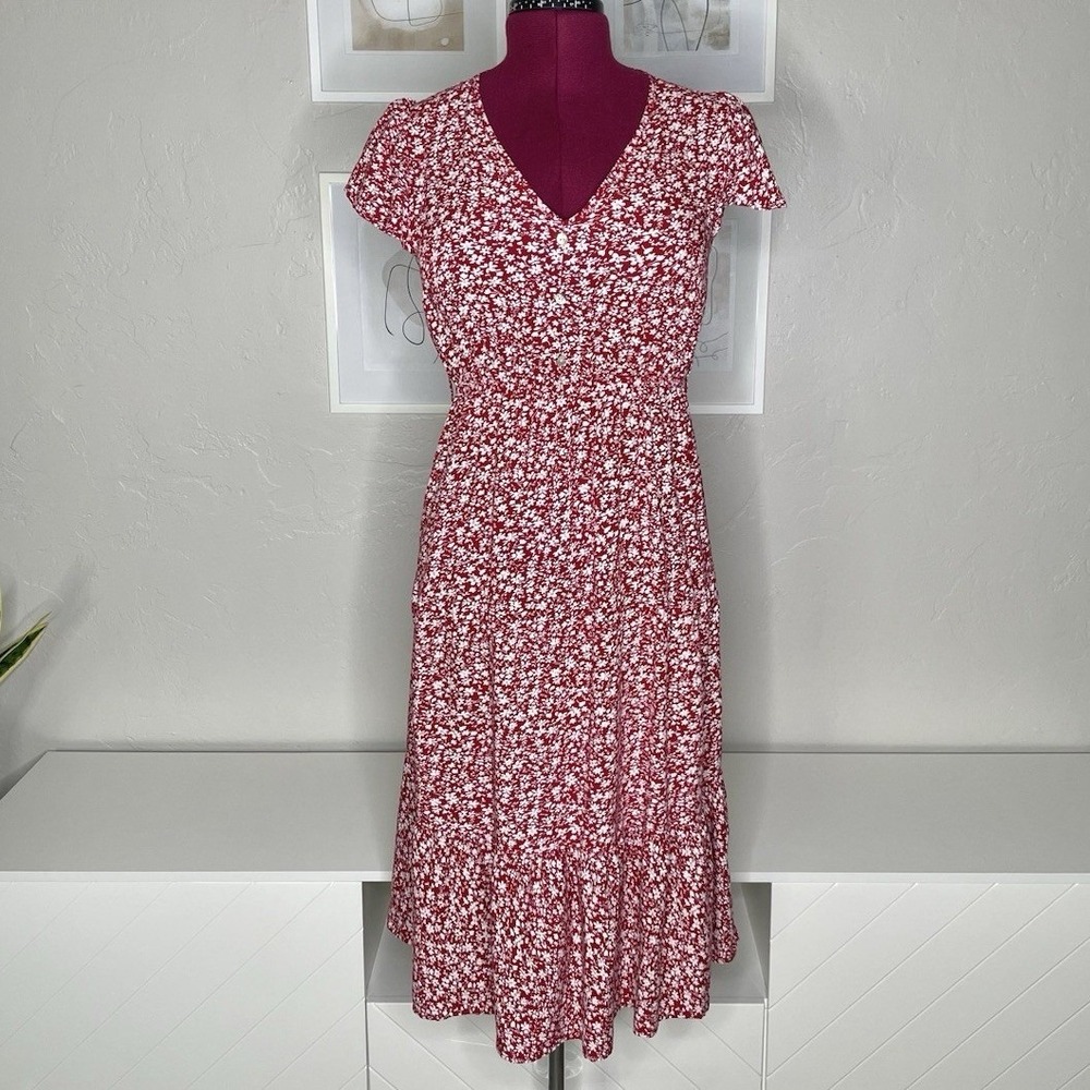 Kindred Midi Dress Women's L Red Floral V-Neck Short Sleeve Flutter Tiered Hem